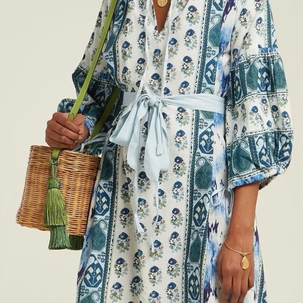 D’Ascoli Printed Boho Tunic Dress Size Small Blue Floral Tie Dye Artisan Cotton